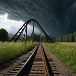 **

A person standing at the bottom of a rollercoaster looking up at the tracks which represent the emotional turmoil of holding onto resentment. The rollercoaster is dark and stormy. In the distance, a separate, brightly lit path winds gently through a sunlit meadow, representing the peace of forgiveness. A subtle shimmer highlights the meadow path.

**