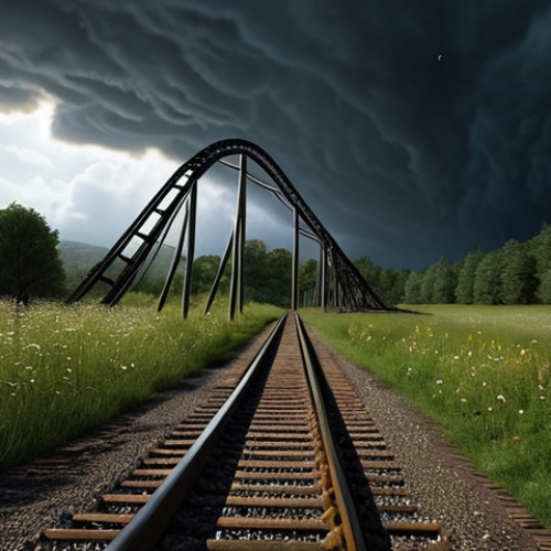 Home 19 **
A person standing at the bottom of a rollercoaster looking up at the tracks which represent the emotional turmoil of holding onto resentment. The rollercoaster is dark and stormy. In the distance, a separate, brightly lit path winds gently through a sunlit meadow, representing the peace of forgiveness. A subtle shimmer highlights the meadow path.
**