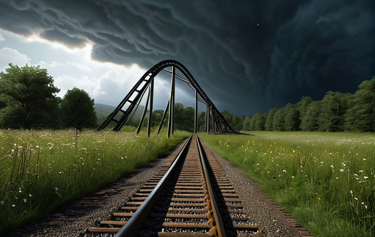 **
A person standing at the bottom of a rollercoaster looking up at the tracks which represent the emotional turmoil of holding onto resentment. The rollercoaster is dark and stormy. In the distance, a separate, brightly lit path winds gently through a sunlit meadow, representing the peace of forgiveness. A subtle shimmer highlights the meadow path.
**
