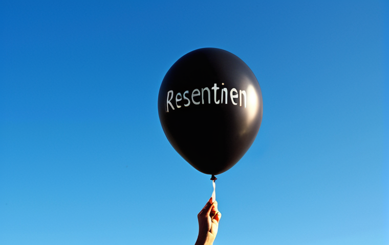 **
A person releasing a dark balloon labeled "resentment" into a bright blue sky, symbolizing letting go of past hurts and embracing forgiveness. Focus on the contrast between the dark balloon and the lightness of the sky.
**