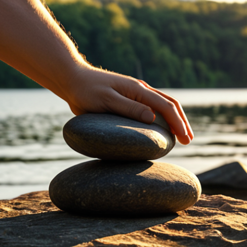 Home 8 **
A person releasing a heavy burden represented by a dark stone or object, near a tranquil lake or river, symbolizing letting go of the past and finding inner peace. Focus on the emotions of relief and liberation. Golden hour lighting.
**