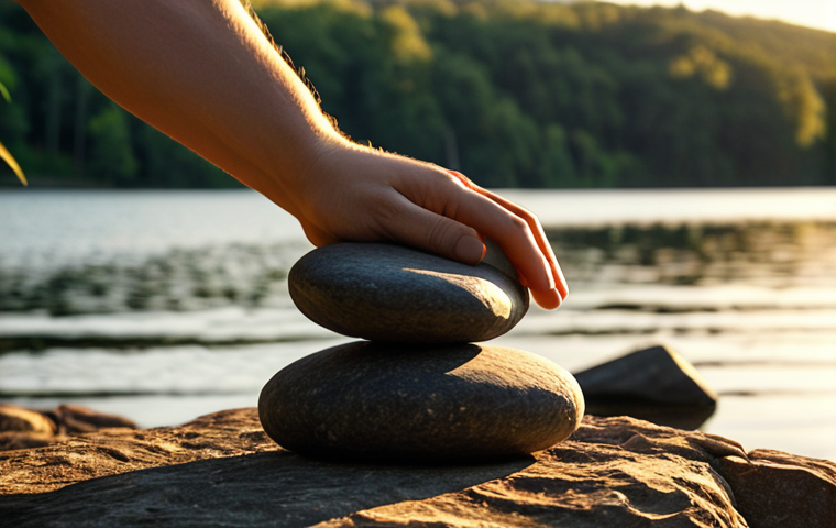 **
A person releasing a heavy burden represented by a dark stone or object, near a tranquil lake or river, symbolizing letting go of the past and finding inner peace. Focus on the emotions of relief and liberation. Golden hour lighting.
**