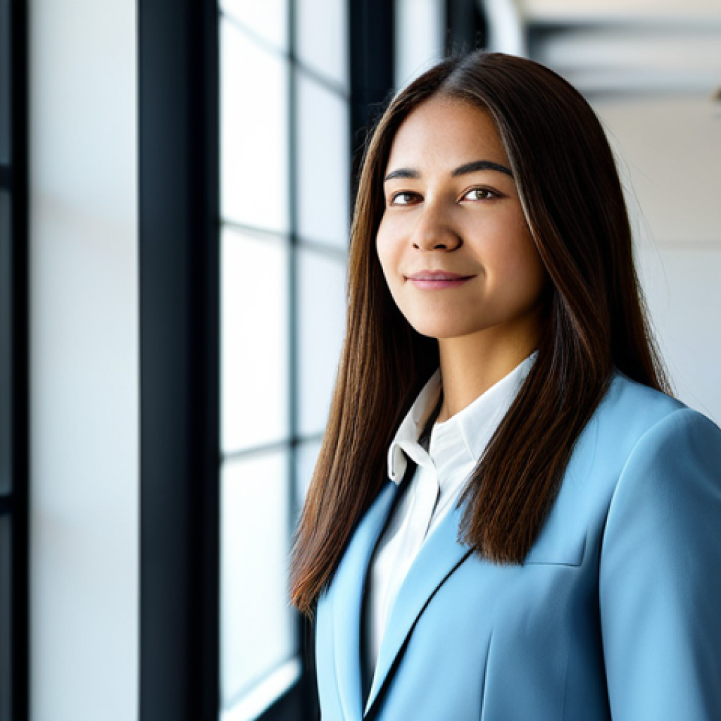A professional businesswoman, fully clothed in a modest, modern business suit, standing in a bright, minimalist office space. Her posture is open and relaxed, with a serene and peaceful expression reflecting profound inner clarity and liberation. Soft, natural light streams in from a large window, creating a calm and uplifting atmosphere. The image emphasizes the psychological freedom achieved through forgiveness. safe for work, appropriate content, fully clothed, professional, perfect anatomy, correct proportions, natural pose, well-formed hands, proper finger count, natural body proportions, high quality photography.