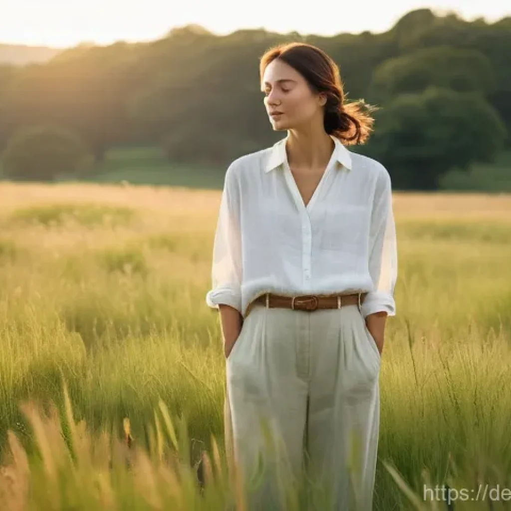용서 심리학과 인간관계 개선 전략 - **Prompt:** A serene woman stands in a sun-drenched, open meadow at dawn, dressed in a comfortable, ...