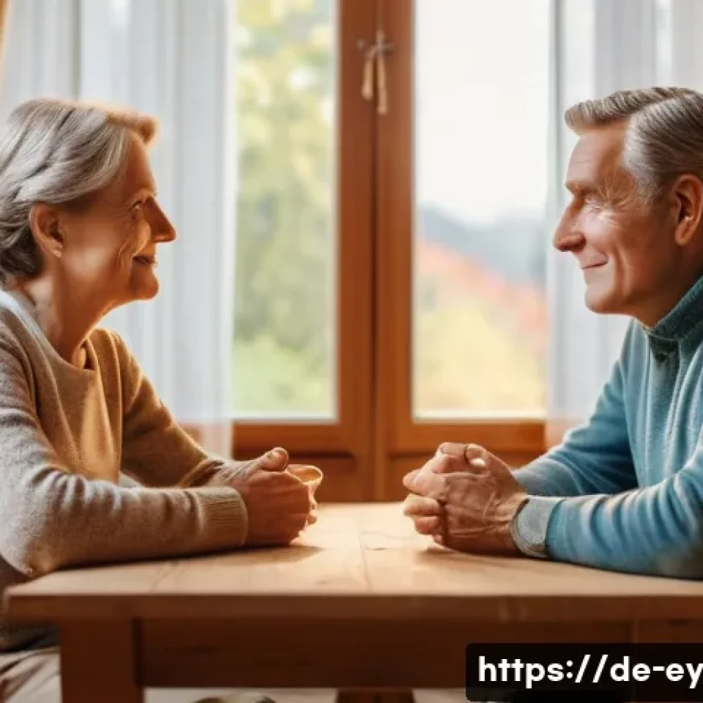 용서와 친밀감 증진의 심리적 메커니즘 - A serene and warm indoor scene depicting two middle-aged German adults sitting across from each othe...