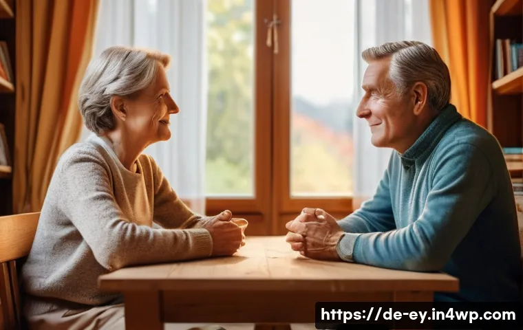 용서와 친밀감 증진의 심리적 메커니즘 - A serene and warm indoor scene depicting two middle-aged German adults sitting across from each othe...