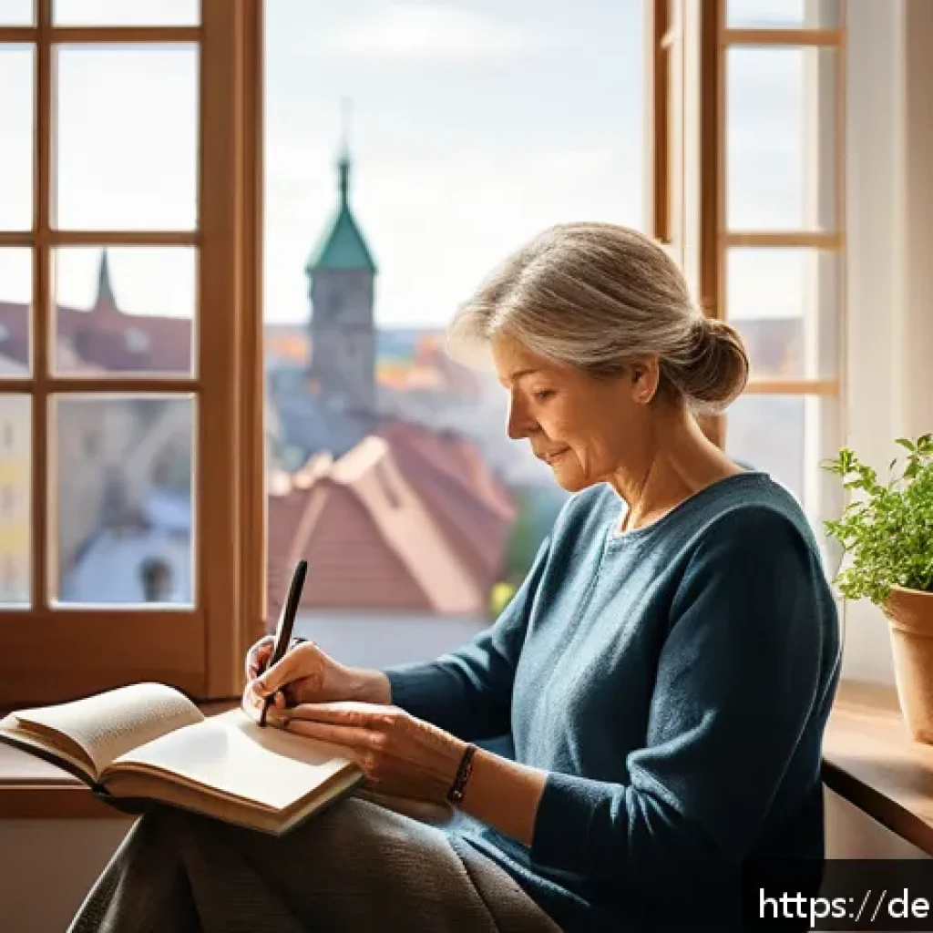 용서의 심리학적 측면과 대처 전략 - A serene, warm-toned illustration of a middle-aged German woman sitting peacefully in a cozy living ...