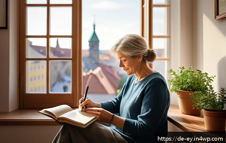 용서의 심리학적 측면과 대처 전략 - A serene, warm-toned illustration of a middle-aged German woman sitting peacefully in a cozy living ...