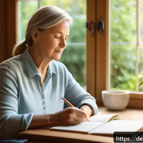 Home 17 심리학적 용서 기법과 실천 방법 - A serene indoor scene depicting a middle-aged German woman sitting peacefully at a wooden desk by a ...