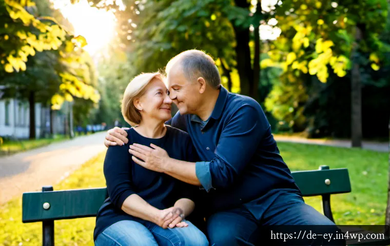 용서의 심리적 이점과 실천 방법 - Photorealistic scene of two middle-aged German siblings reconciling on a quiet park bench in a leafy...