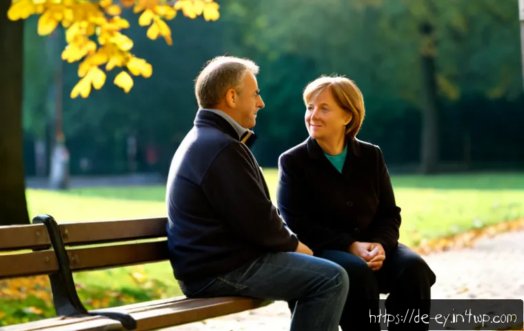 용서와 심리적 회복력의 관계 - Photorealistic scene of two middle-aged German friends reconciling on a quiet park bench in a leafy ...